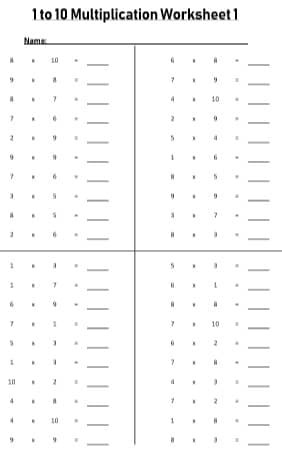 1 to 10 Times Table Worksheets with Answers PDF Printable