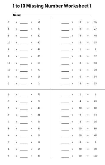 set of 10 Blank 1 to 10 missing number Multiplication Worksheet Printable black and white