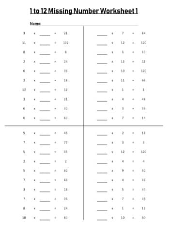 set of 10 Blank 1 to 12 missing number Multiplication Worksheet Printable black and white
