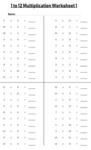 1 to 12 Multiplication Table Worksheets Printable PDF