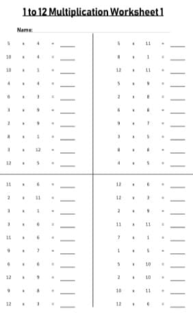 1 to 12 Multiplication Table Worksheets with Answers PDF Printable