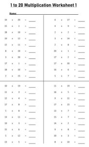 1 to 20 Multiplication Table Worksheets Printable PDF