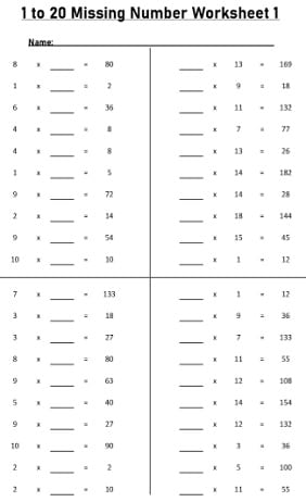 set of 10 Blank 1 to 20 missing number Multiplication Worksheet Printable black and white