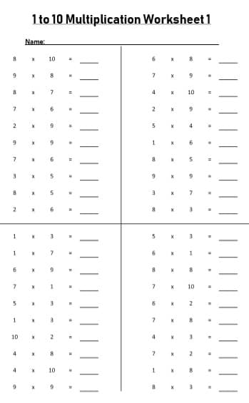 set of 10 Blank 1 to 10 Multiplication Worksheet Printable black and white