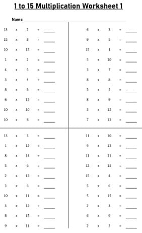 1 to 15 Times Table Worksheets with Answers PDF Printable
