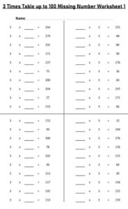 3 Multiplication Table up to 100 missing number Worksheets set Printable Black and White