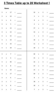 3 Multiplication Table up to 20 Worksheets set Printable Black and White
