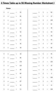 3 Multiplication Table up to 50 missing number Worksheets set Printable Black and White