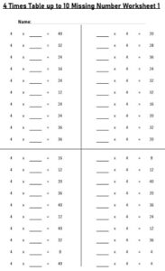 4 Multiplication Table up to 10 missing number Worksheets set Printable Black and White