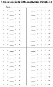 4 Multiplication Table up to 12 missing number Worksheets set Printable Black and White