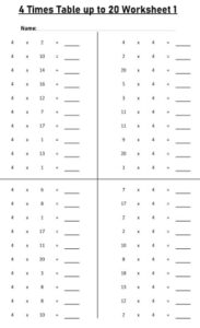 4 Multiplication Table up to 20 Worksheets set Printable Black and White