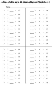 4 Multiplication Table up to 50 missing number Worksheets set Printable Black and White
