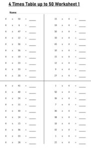 4 Multiplication Table up to 50 Worksheets set Printable Black and White