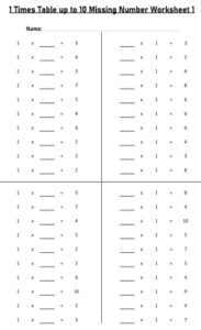 1 Multiplication Table up to 10 missing number Worksheets set Printable Black and White