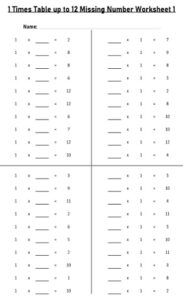 1 Multiplication Table up to 12 missing number Worksheets set Printable Black and White