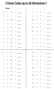 1 Multiplication Table up to 20 Worksheets set Printable Black and White