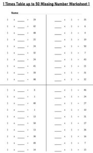 1 Multiplication Table up to 50 missing number Worksheets set Printable Black and White