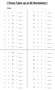 1 Multiplication Table up to 50 Worksheets set Printable Black and White