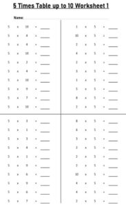 5 Multiplication Table up to 10 Worksheets set Printable Black and White