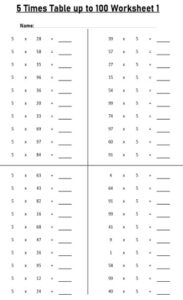 5 Multiplication Table up to 100 Worksheets set Printable Black and White