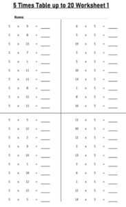 5 Multiplication Table up to 20 Worksheets set Printable Black and White