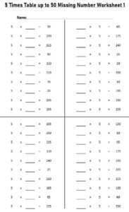 5 Multiplication Table up to 50 missing number Worksheets set Printable Black and White