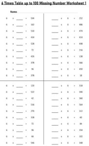 6 Multiplication Table up to 100 missing number Worksheets set Printable Black and White