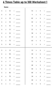 6 Multiplication Table up to 100 Worksheets set Printable Black and White