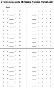 6 Multiplication Table up to 12 missing number Worksheets set Printable Black and White