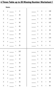 6 Multiplication Table up to 20 missing number Worksheets set Printable Black and White