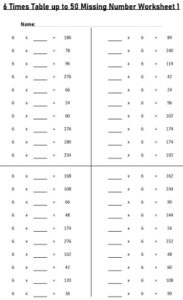 6 Multiplication Table up to 50 missing number Worksheets set Printable Black and White