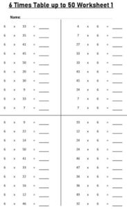 6 Multiplication Table up to 50 Worksheets set Printable Black and White