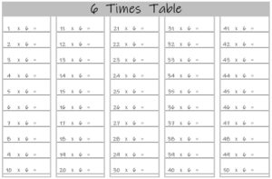 6 Multiplication Table up to 50 Worksheets Printable landscape Black and White