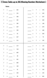 7 Multiplication Table up to 100 missing number Worksheets set Printable Black and White