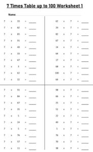 7 Multiplication Table up to 100 Worksheets set Printable Black and White