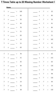 7 Multiplication Table up to 20 missing number Worksheets set Printable Black and White
