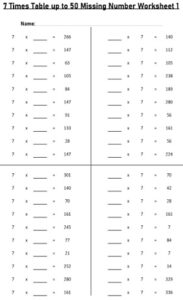 7 Multiplication Table up to 50 missing number Worksheets set Printable Black and White