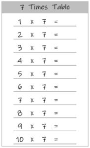 7 Times Table up to 10 worksheet black and white