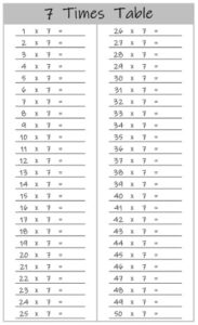 7 Times Table up to 100 worksheet black and white
