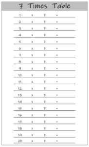 7 Times Table up to 20 worksheet black and white