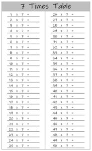 7 Times Table up to 50 worksheet black and white