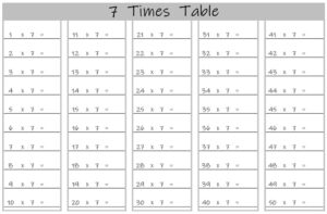 7 Multiplication Table up to 50 Worksheets Printable landscape Black and White