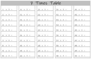 7 Times Table up to 50 worksheet landscape black and white