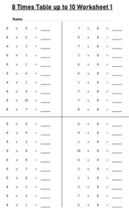 8 Multiplication Table up to 10 Worksheets set Printable Black and White