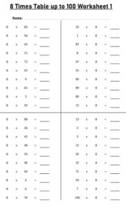 8 Multiplication Table up to 100 Worksheets set Printable Black and White