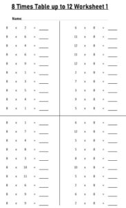 8 Multiplication Table up to 12 Worksheets set Printable Black and White