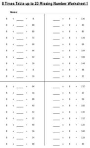 8 Multiplication Table up to 20 missing number Worksheets set Printable Black and White