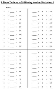 8 Multiplication Table up to 50 missing number Worksheets set Printable Black and White