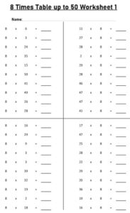 8 Multiplication Table up to 50 Worksheets set Printable Black and White