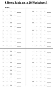 9 Multiplication Table up to 20 Worksheets set Printable Black and White